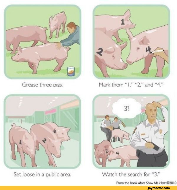 ﻿Grease three pigs.
Mark them “Г "2Г and *4"
I 111 111
Set loose in a public area.
Watch the search for “3.”
From toe book Mott Show Me How ©2010,funny pictures,auto