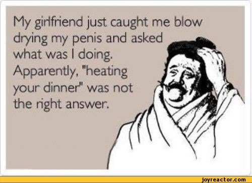 ﻿My girlfriend just caught me blow drying my penis and asked what was I doing.
Apparently, "heating your dinner'1 was not the right answer.
r,funny pictures,auto